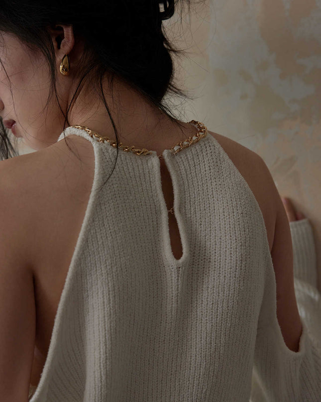Chain Embellished Neckline Shoulder-baring Sweater