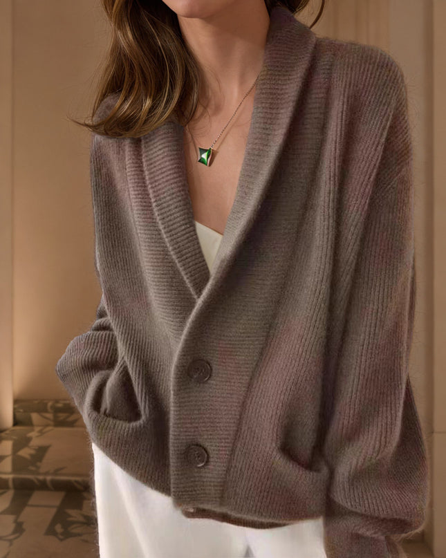 Retro Lapels Solid Color Long Sleeve Knitted Cardigan