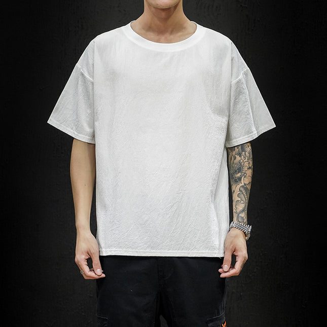 Japanese Large Size Cotton And Linen Solid Color Loose Short Sleeves