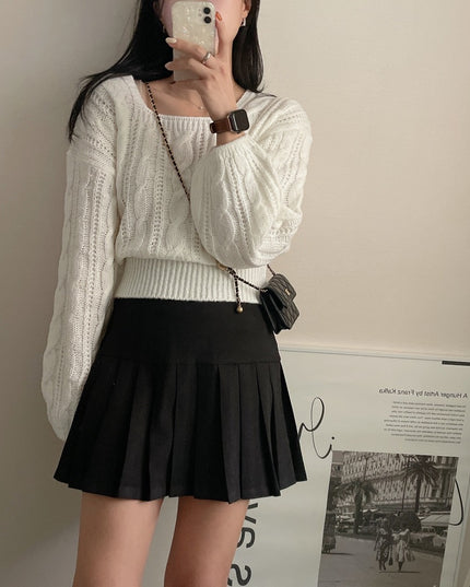 Cable-knit Sweater Lantern Sleeve Solid Color Square Collar Pullover Sweater