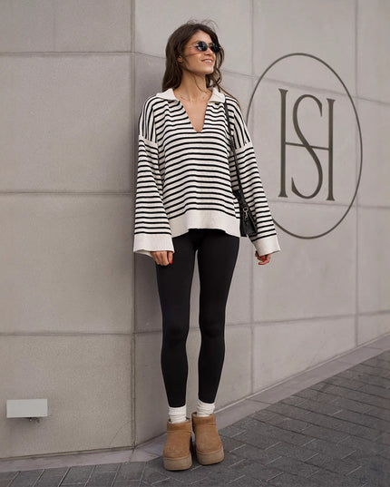 Striped Long Sleeve Loose Pullover Sweater For Women
