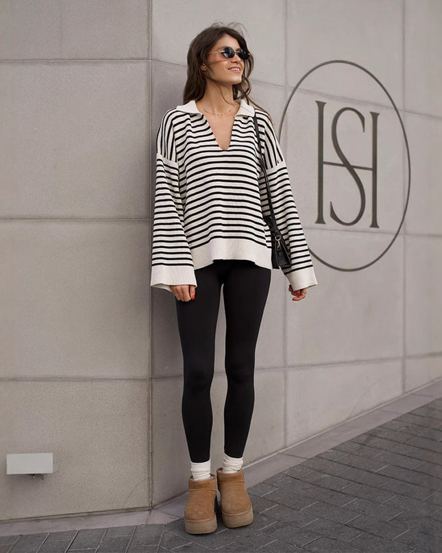 Striped Long Sleeve Loose Pullover Sweater For Women