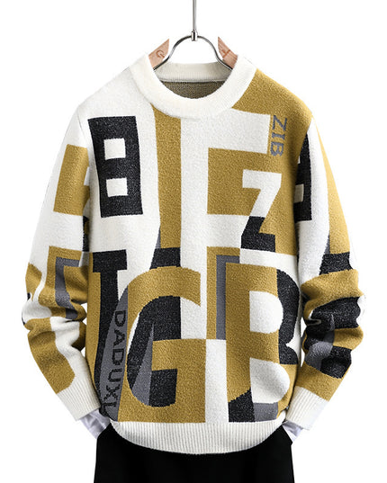 Men's Letter Jacquard Round Neck Loose Casual Sweater