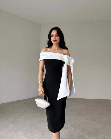 Women's Off-shoulder Bow Black And White Color Matching Elegant Cocktail Dress
