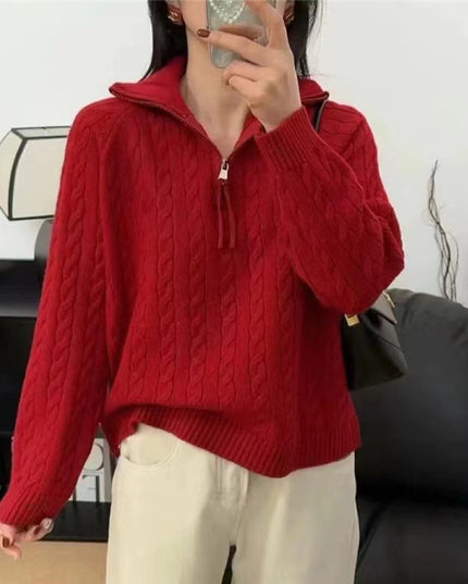 Thick Loose Outer Wear Half Turtleneck Lapel Cable-knit Sweater