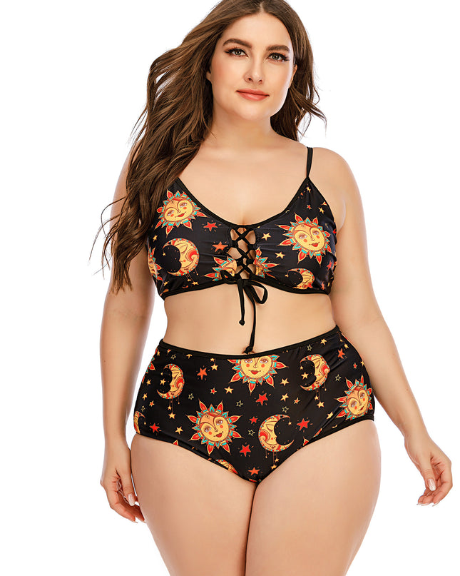 Bikini Split Large Sling Digital Printed Gathered Cross Strap High Waist Swimsuit