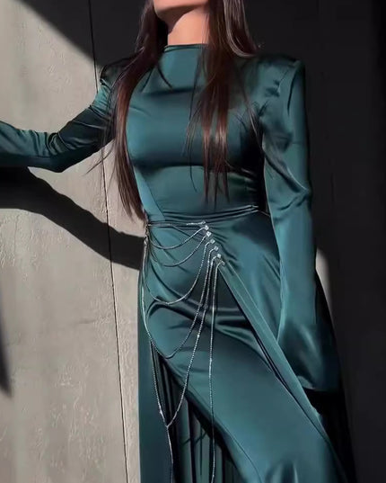 Satin Studded Long-sleeve Maxi Dress
