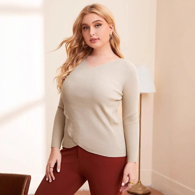 Plus Size Women's Knit Sweater V-Neck Cross Hem Long Sleeve Tunic Top For Fall Winter