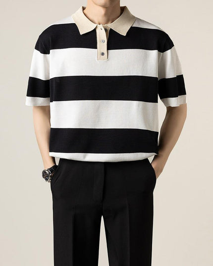 Lightly Mature Knitted Polo Shirt Casual Striped Short Sleeve