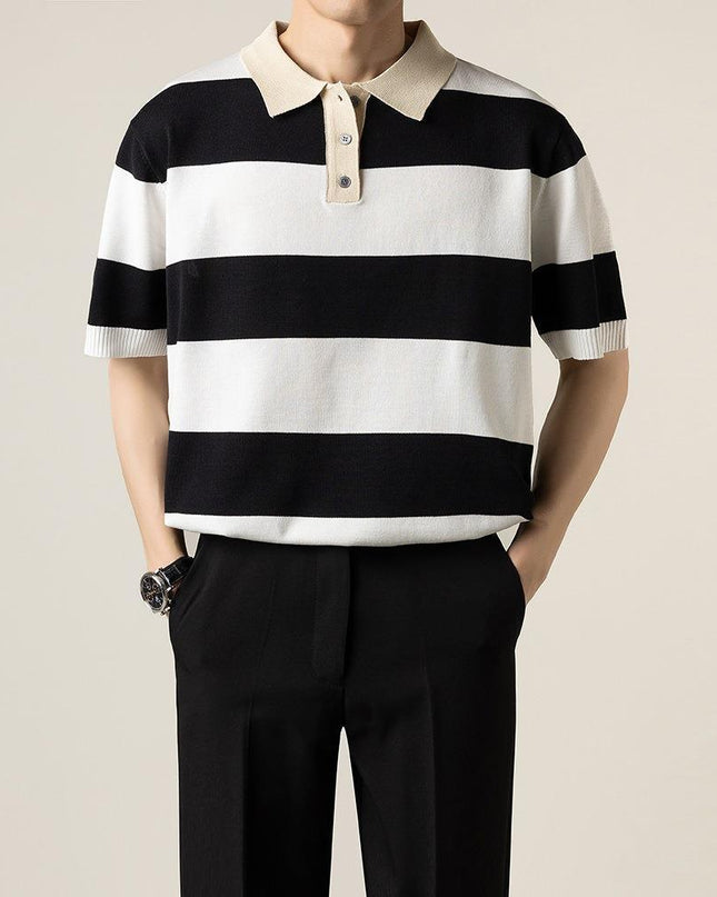 Lightly Mature Knitted Polo Shirt Casual Striped Short Sleeve