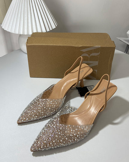 Women's Fashion Pointed Stiletto Heel Decorated Pearls Back Strap Sandals