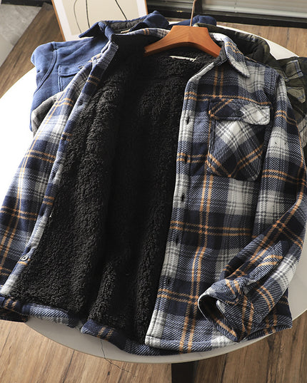 Fleece Lined Padded Warm Keeping Loose Lamb Wool Plaid Shirt