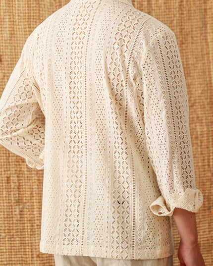 Cotton Hollow Cuban Collar Long Sleeve Shirt