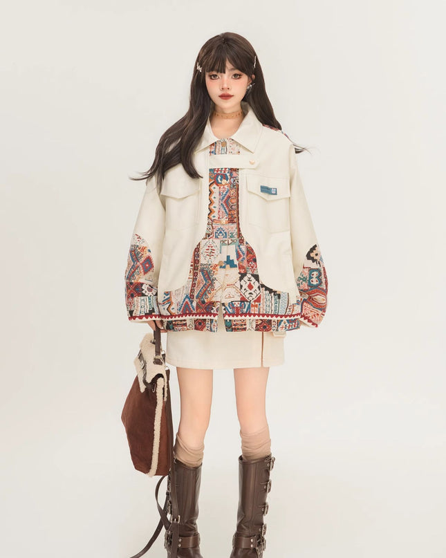 Jacquard Splicing Motorcycle PU Leather Jacket