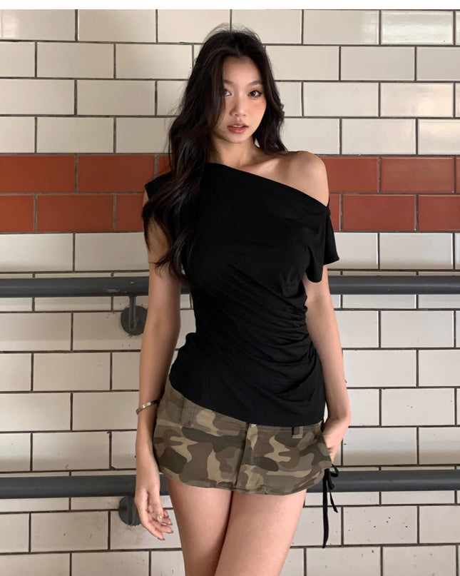 Short-sleeved Women's T-shirt Slim-fit Slimming Off-shoulder Top