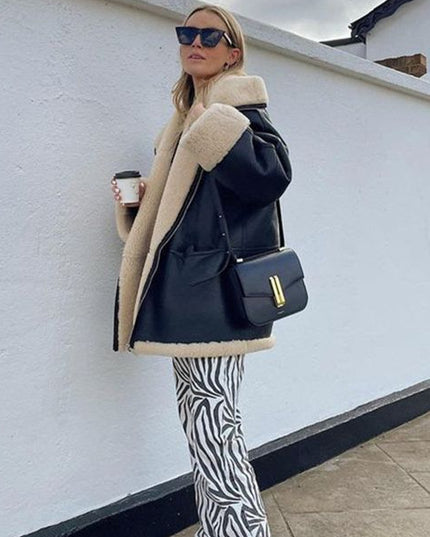 Fashion Cashmere Leather Fur Collar Composite Leather Coat