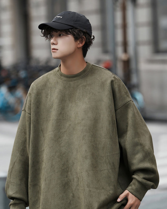 Suede Heavy Round Neck All-matching Sweater Men's Solid Color Loose