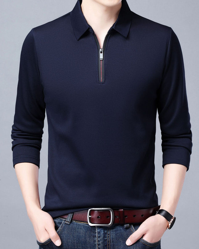 Spring And Autumn Men Long Sleeve Lapel Half Zip T Shirt