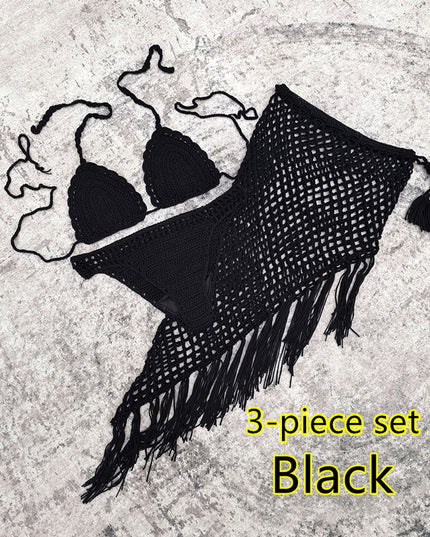 3-piece European And American Handmade Crochet Bikini Beach Skirt Swimsuit Suit