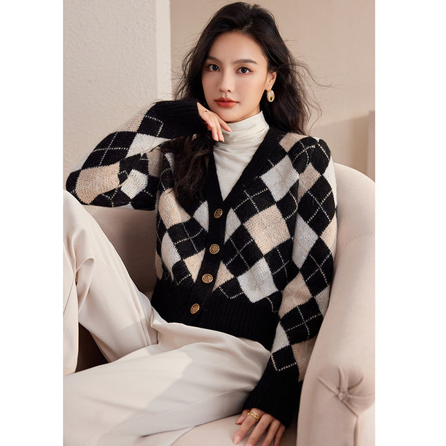 Autumn And Winter New French Minority Short Rhombus Long Sleeve Cashmere Knitted Coat