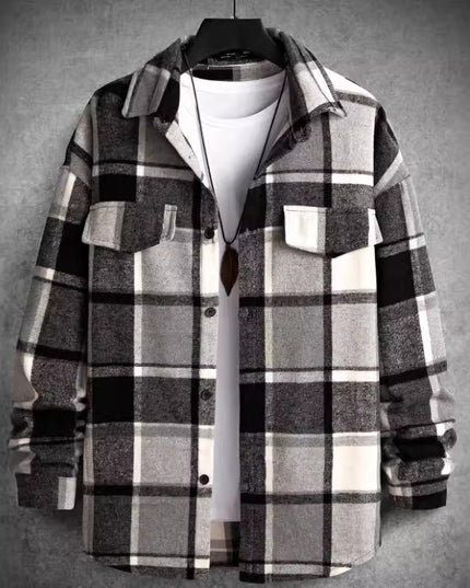 FallWinter Slim Brushed Plaid Long Sleeve Flannel Shirt Men