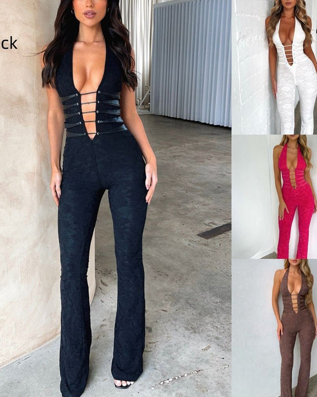Lash Rope Lace Up Slim Fit Jumpsuit See-through Lace