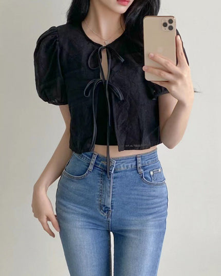 Chic Lace-up Crocheted Short-sleeved Blouse Shirt