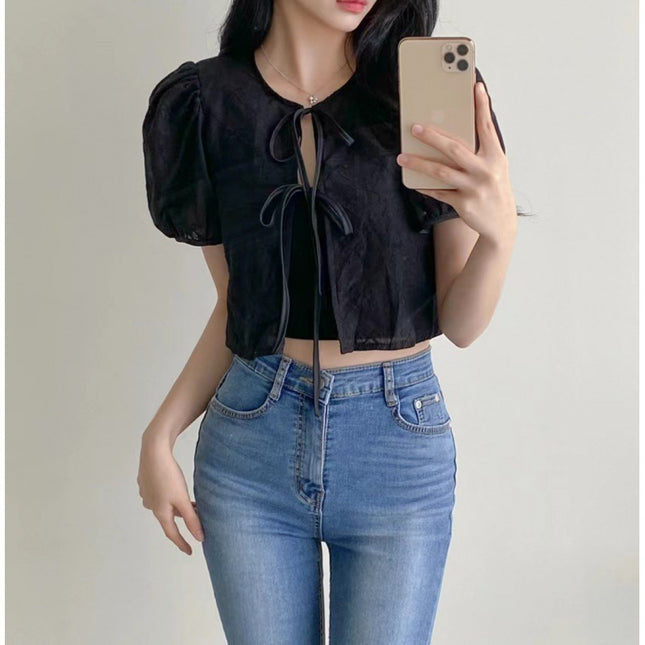 Chic Lace-up Crocheted Short-sleeved Blouse Shirt