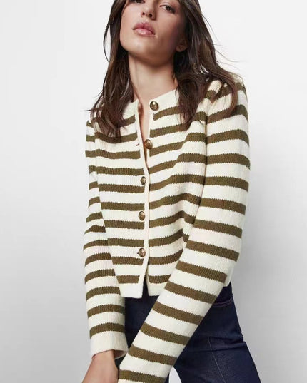 Buckle Striped Classic Style Knitted Cardigan Sweater Short Coat