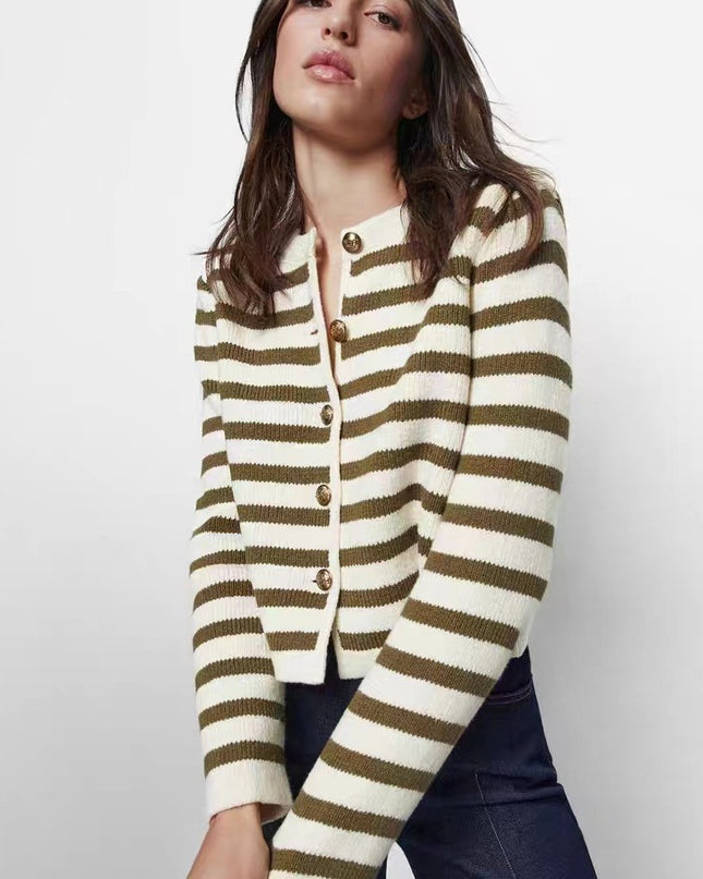 Buckle Striped Classic Style Knitted Cardigan Sweater Short Coat