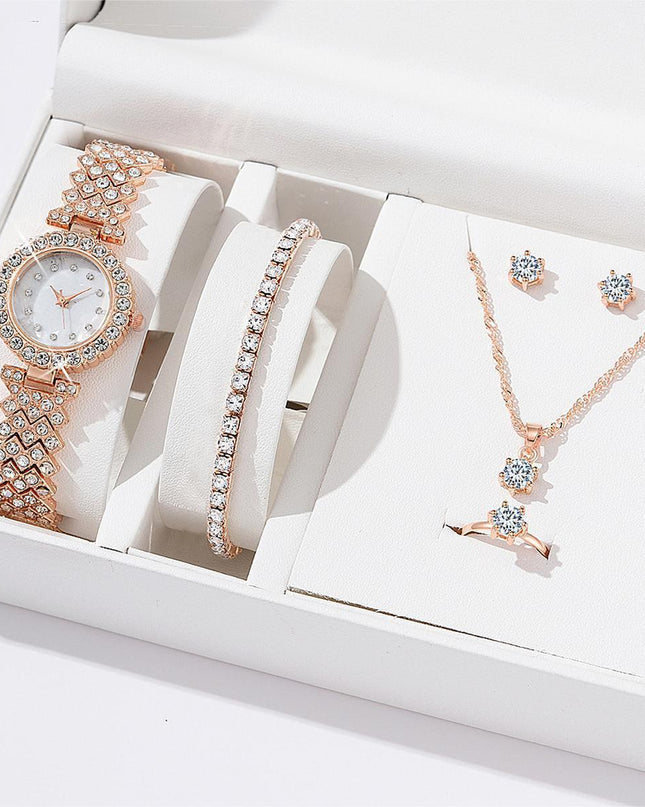 Women's Alloy Quartz Watch Necklace Earrings Bracelet Ring Suit