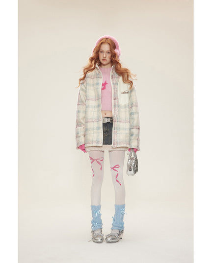 Preppy Style Plaid Double-sided Wear Winter Cotton Dress Women's Vintage Lamb Wool Coat