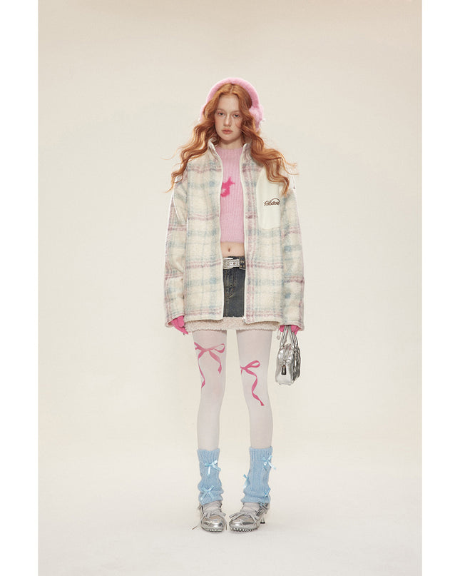 Preppy Style Plaid Double-sided Wear Winter Cotton Dress Women's Vintage Lamb Wool Coat