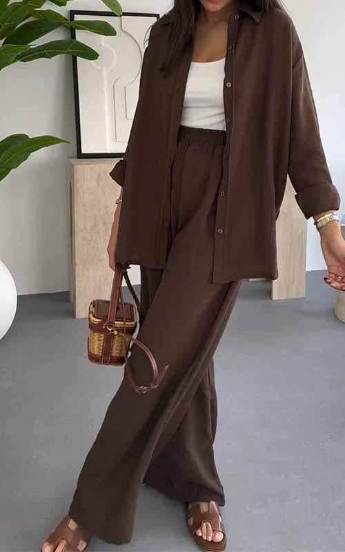 Fashion Solid Color Loose Top Casual Wide Leg Pants Two-piece Set