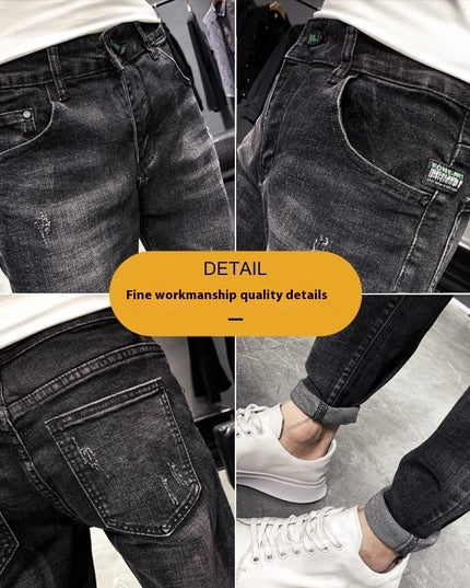 Jeans Men's Black Tapered Cropped Elastic Slim Fit Slimming