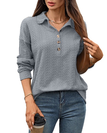 Solid Color Polo Collar Button Loose Long Sleeve Sweatershirt