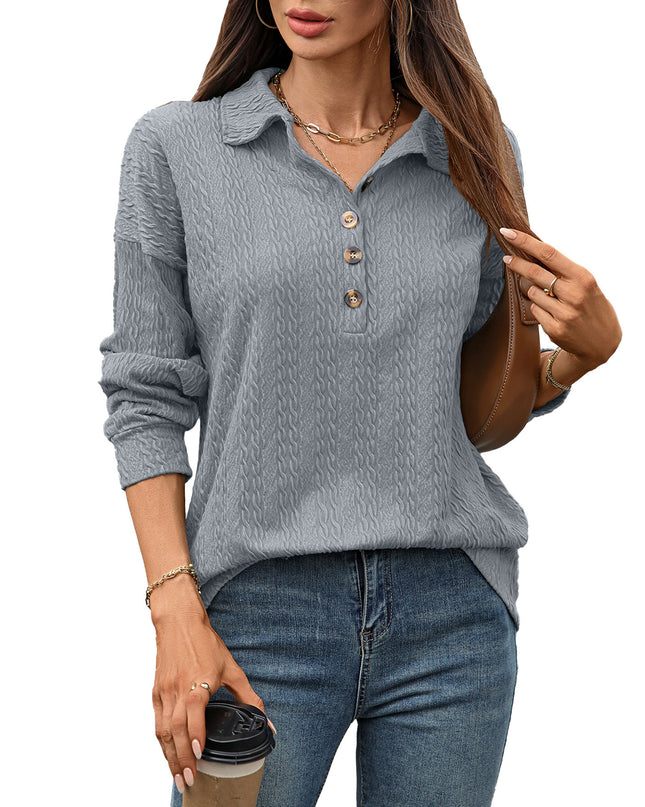 Solid Color Polo Collar Button Loose Long Sleeve Sweatershirt