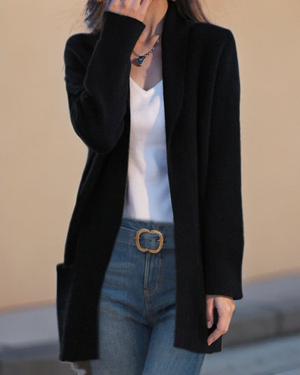 New Polo Collar Solid Color Long-sleeved Knitted Cardigan Loose Pockets Sweater Coat For Women