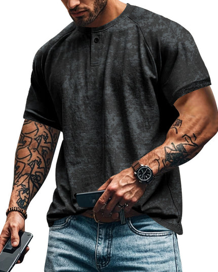 Retro Distressed Henry Collar Short Sleeve Men's T-shirt Heavy Slim Fit Raglan American Style Men's Short Sleeve