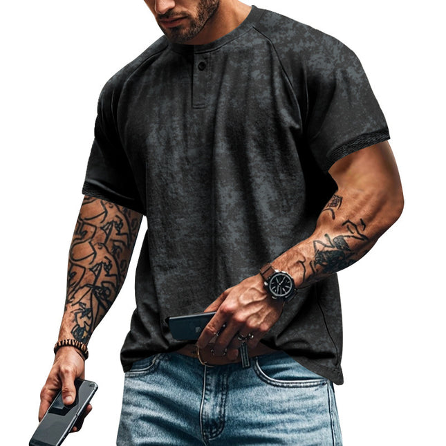 Retro Distressed Henry Collar Short Sleeve Men's T-shirt Heavy Slim Fit Raglan American Style Men's Short Sleeve