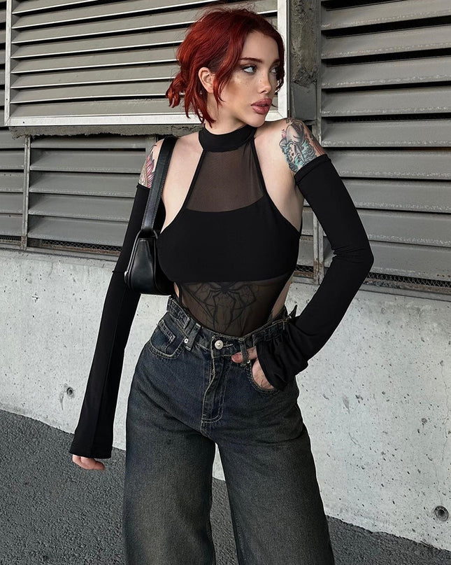 Long Sleeve Crotch Mesh Hollow High Elastic One-piece Women's Top