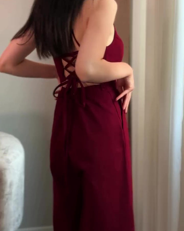 Burgundy Backless Lace-up Sleeveless Jumpsuit