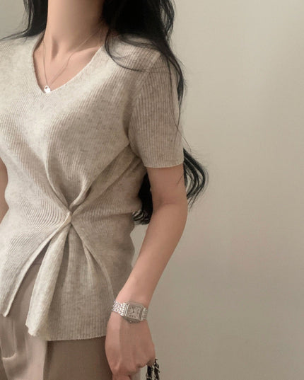 Summer Elegant V-neck Split Waist Fitted Short-sleeved Sweater