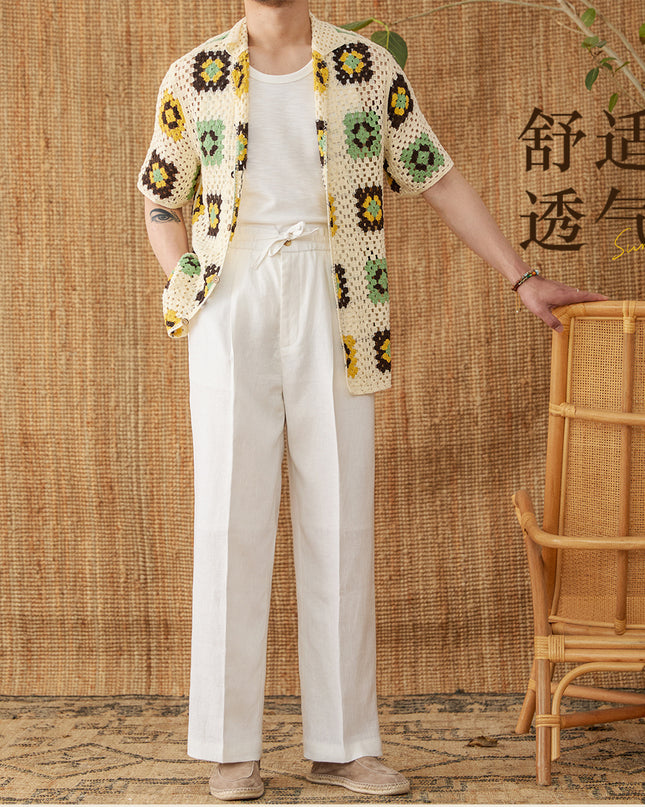 Linen Loose High Waist Lace Trousers With An Elasticated Waist Casual Pants