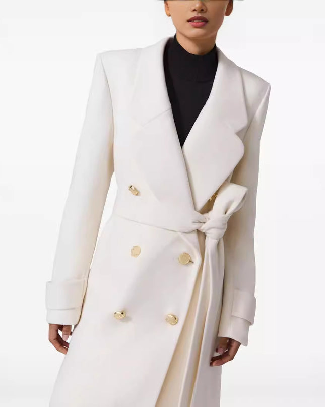 Elegant Double Breasted Lace Up Slim Fit Extended Women's White Back Slit Overcoat Coat