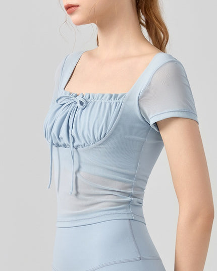 Lace Pleated Yoga Clothing Top Sports Short Sleeve With Chest Pad