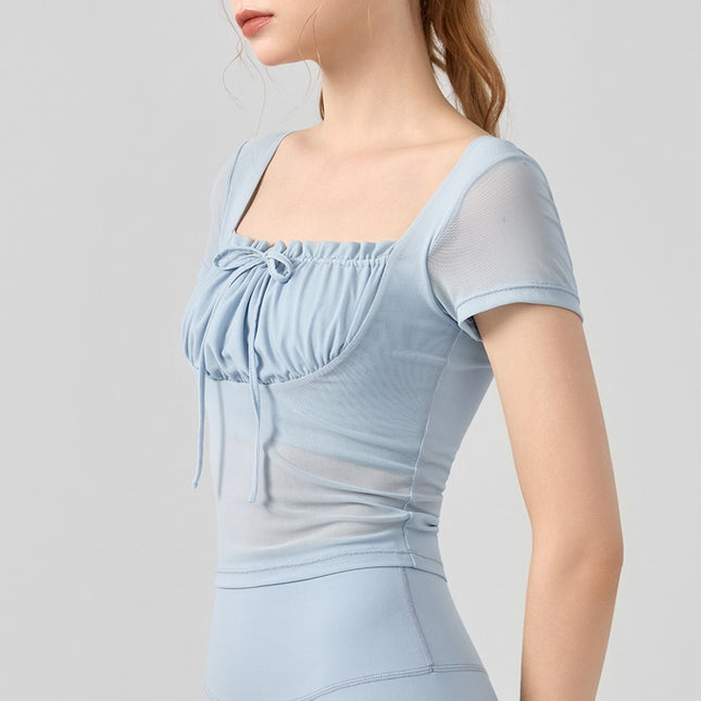 Lace Pleated Yoga Clothing Top Sports Short Sleeve With Chest Pad