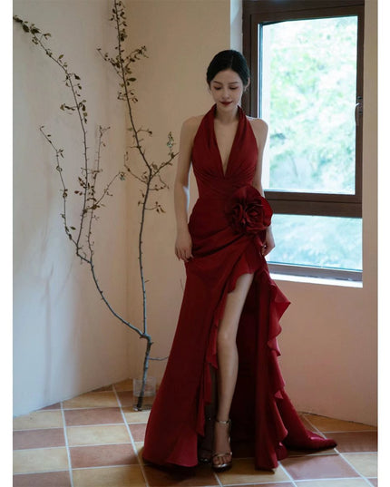 Socialite Style Wine Red Elegant Halter Bride Wedding Toast Dress