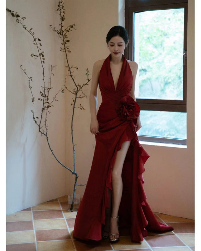 Socialite Style Wine Red Elegant Halter Bride Wedding Toast Dress