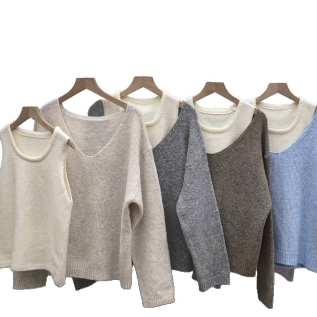 Bandage Dress Knitted Vest Soft Glutinous Loose-fitting Long Sleeve Sweater Two-piece Set